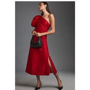 NWT Anthropologie Aureta One Shoulder Puff-Sleeve Dress S $248 Red Maxi